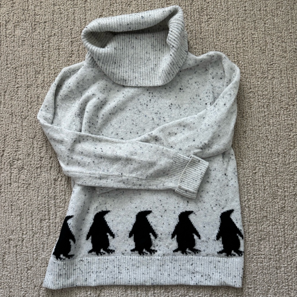 LOFT Gray Speckled Sweater with Black Penguin Design, size small